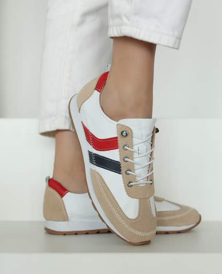 Florena Women's White Leather Low-Top Shoes with a Red Accent