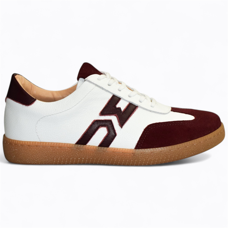 Sertiva Women's White Leather Sneakers with a Burgundy Accent
