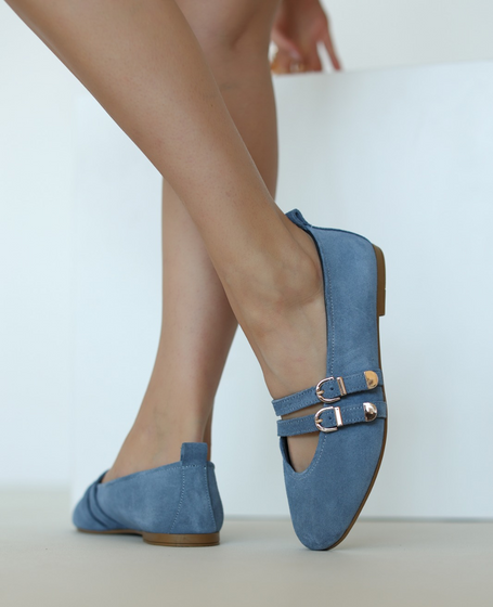 Umbrika Women's Blue Leather Ballerina Flats