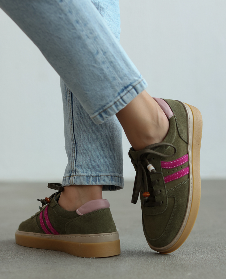 Skórzane oliwkowe sneakersy damskie Elviana