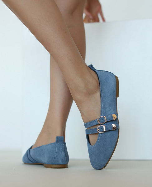Umbrika Women's Blue Leather Ballerina Flats
