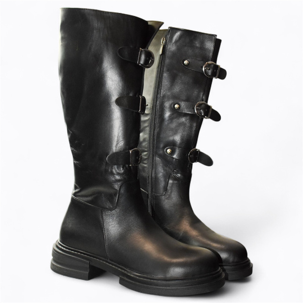 Serafia Women's Black Leather Knee-High Boots