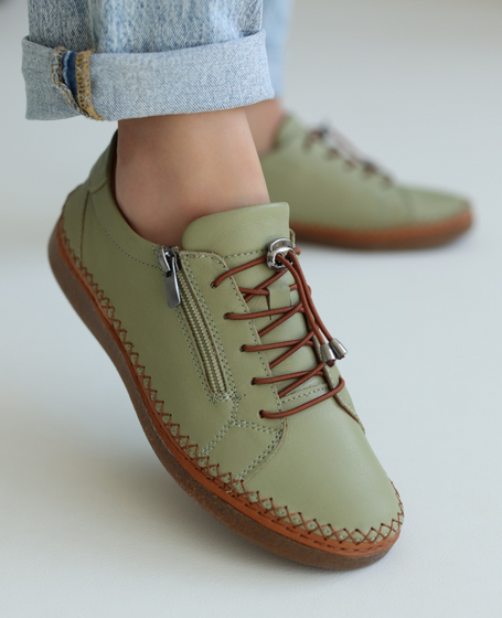 Agnetia Women's Green Leather Low-Cut Shoes