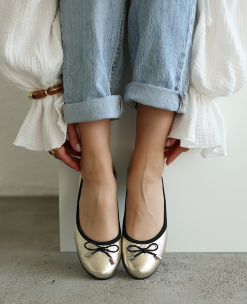 Ruverna Women's Leather Gold Ballerina Flats