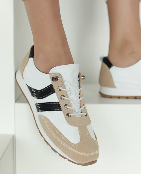 Florena Women's White Leather Low-Cut Shoes with a Black Accent