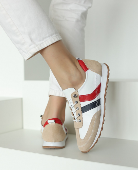 Florena Women's White Leather Low-Top Shoes with a Red Accent