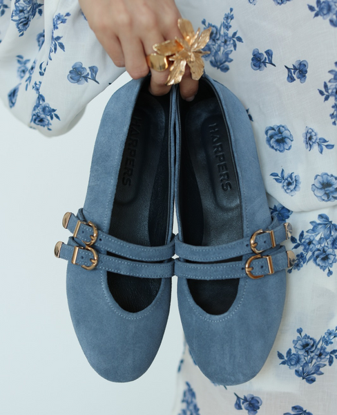 Umbrika Women's Blue Leather Ballerina Flats