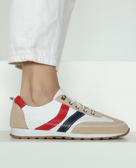 Florena Women's White Leather Low-Top Shoes with a Red Accent
