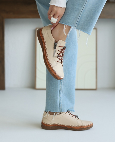 Agnetia Beige Leather Women's Low-Cut Shoes