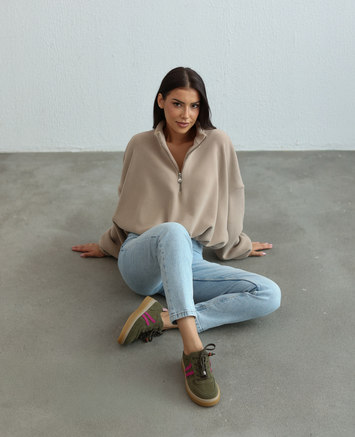 Skórzane oliwkowe sneakersy damskie Elviana