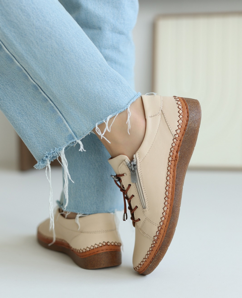 Agnetia Beige Leather Women's Low-Cut Shoes