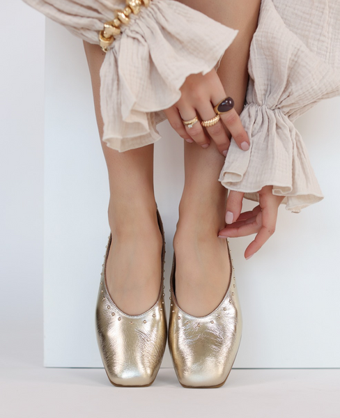 Loxeria Women's Leather Gold Ballerina Flats