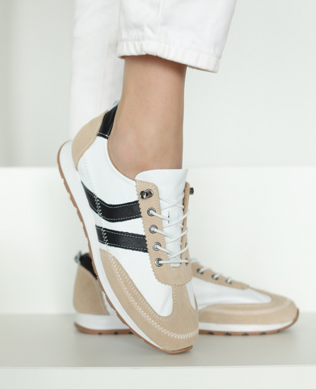 Florena Women's White Leather Low-Cut Shoes with a Black Accent