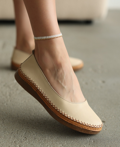 Kalipha Beige Leather Women's Ballet Flats