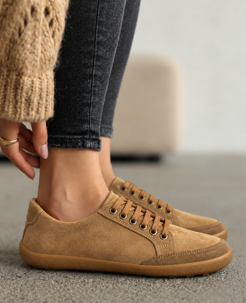 Skórzane taupe barefoot półbuty damskie Caressa