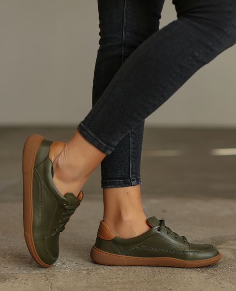 Skórzane barefoot oliwkowe półbuty damskie Levania