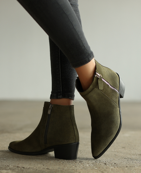 Adelisa Women's Olive Leather Ankle Boots