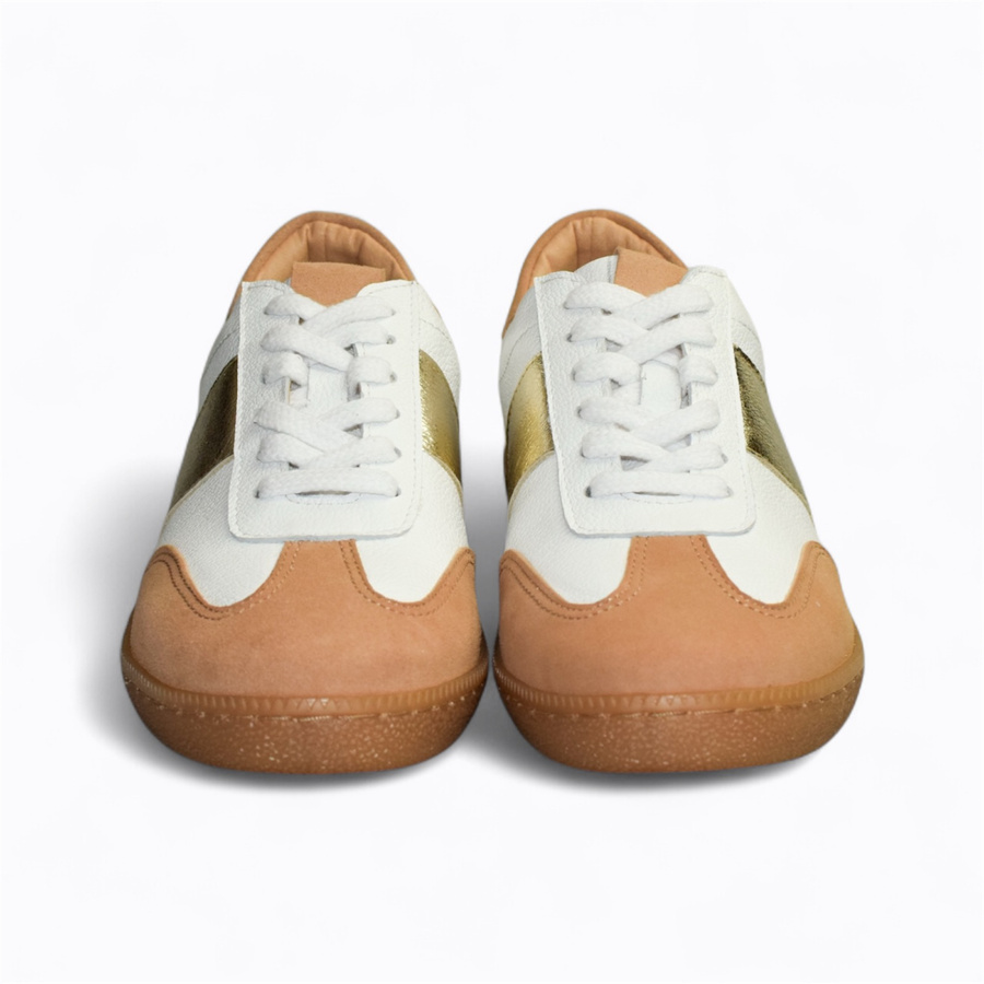 Skórzane białe sneakersy damskie Teteria z beżowym akcentem