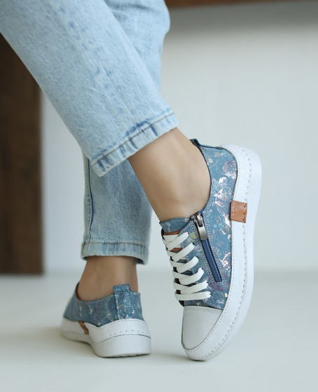 Fenleri Women's Navy Blue Leather Low-Top Shoes with a Floral Pattern