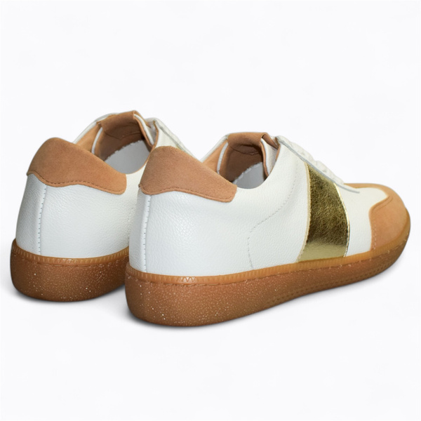 Teteria Women's White Leather Sneakers with a Beige Accent