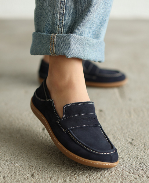 Skórzane granatowe barefoot półbuty damskie Balvori