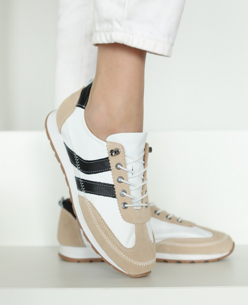 Florena Women's White Leather Low-Cut Shoes with a Black Accent