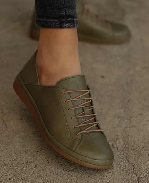 Almiria Women's Olive Leather Low-Cut Shoes with an Anatomically Shaped Toe Box