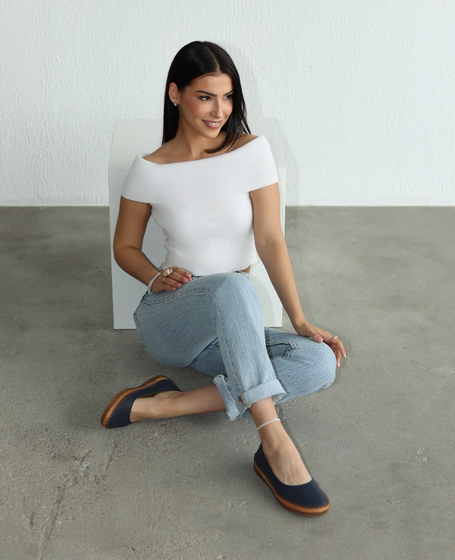 Kalipha Navy Blue Leather Women's Ballet Flats