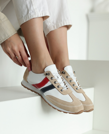 Florena Women's White Leather Low-Top Shoes with a Red Accent