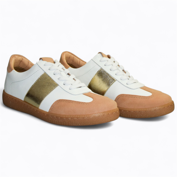 Teteria Women's White Leather Sneakers with a Beige Accent