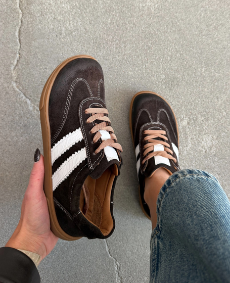 Skórzane czekoladowe barefoot sneakersy damskie Ermelia