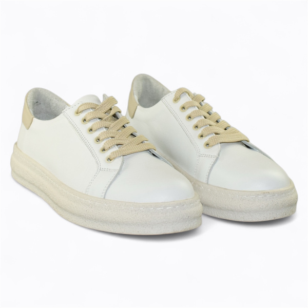 Madisia Women's White Leather Sneakers with a Beige Accent