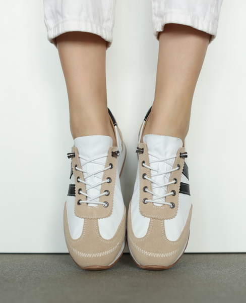 Florena Women's White Leather Low-Cut Shoes with a Black Accent