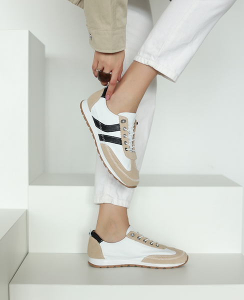 Florena Women's White Leather Low-Cut Shoes with a Black Accent