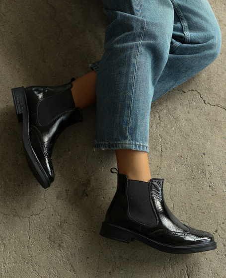 Rosavia Women's Black Leather Ankle Boots in Patent Leather