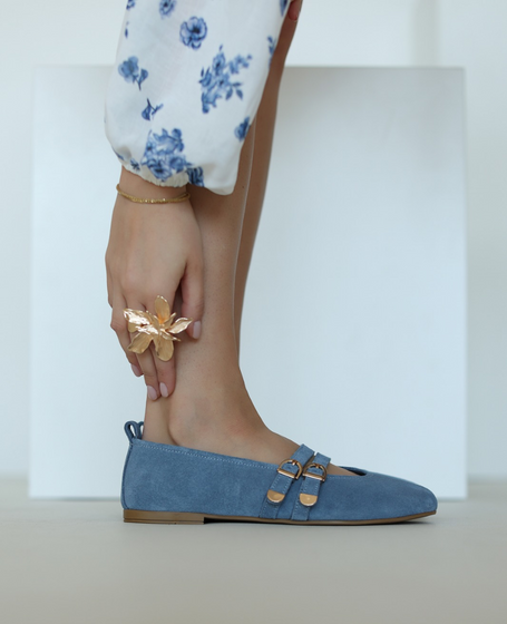 Umbrika Women's Blue Leather Ballerina Flats