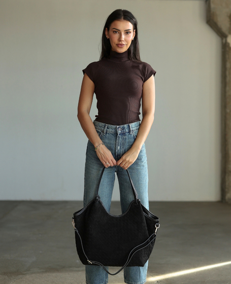 Desseri Black - Large Suede Leather Shopper Bag