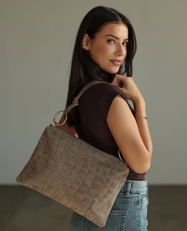 Honaria XL Taupe - skórzana listonoszka z printem crocco