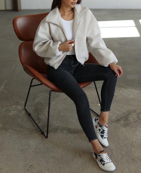 Fenleri Women's White Leather Low-Top Shoes with an Animal Print