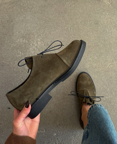 Skórzane khaki półbuty damskie Tunelia