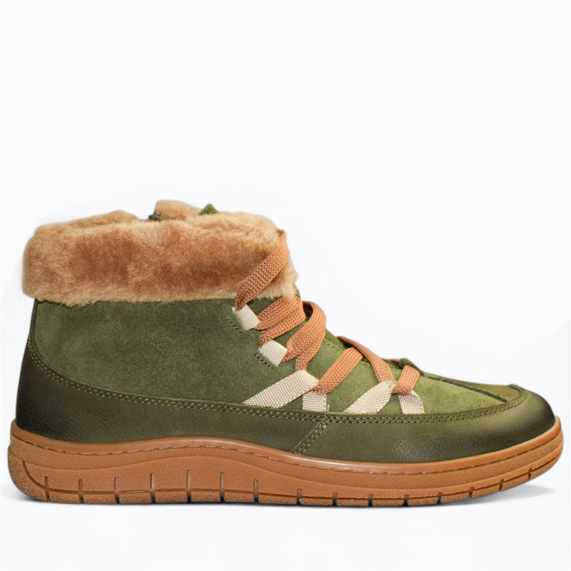 Skórzane zielone śniegowce damskie barefoot Renalia