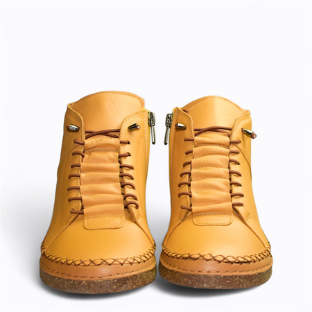 SKÓRZANE MUSZTARDOWE TRZEWIKI DAMSKIE CYRINNA