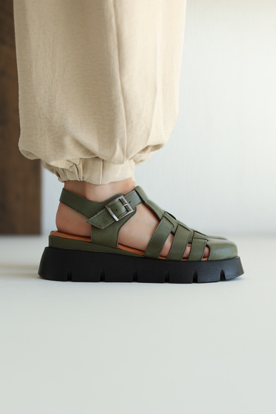 Bisopia Olive-Colored Leather Women's Sandals