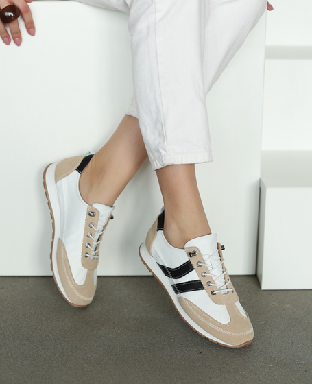 Florena Women's White Leather Low-Cut Shoes with a Black Accent