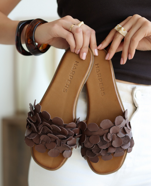 Giselei Women's Leather Chocolate-Colored Flip-Flops