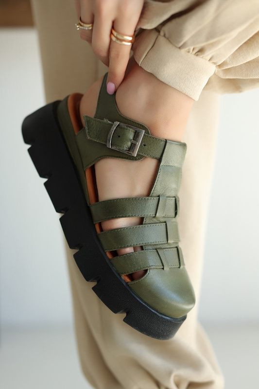 Bisopia Olive-Colored Leather Women's Sandals