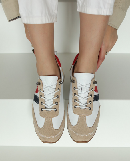 Florena Women's White Leather Low-Top Shoes with a Red Accent