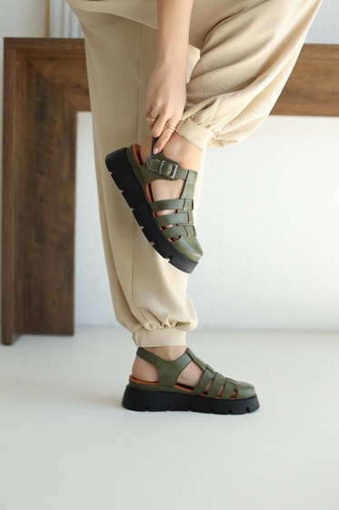 Bisopia Olive-Colored Leather Women's Sandals