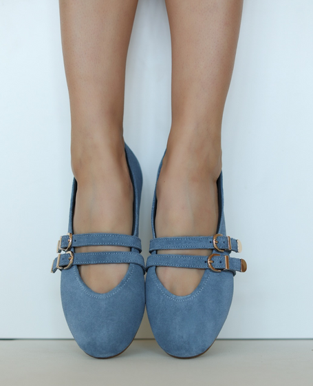 Umbrika Women's Blue Leather Ballerina Flats