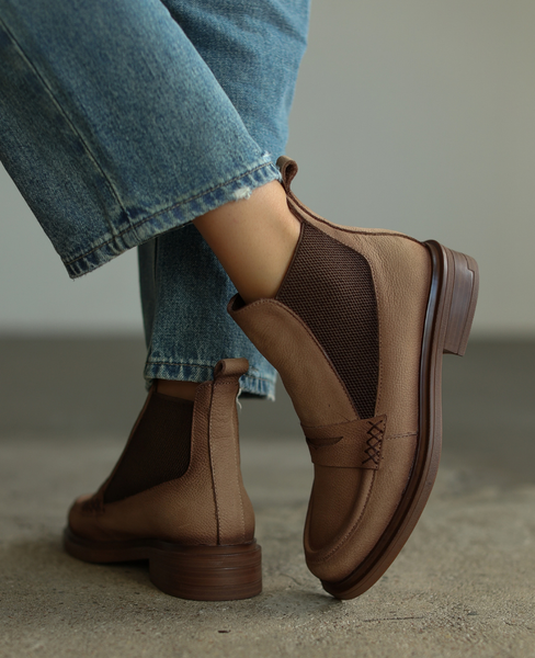 Prenora Beige Leather Women's Ankle Boots